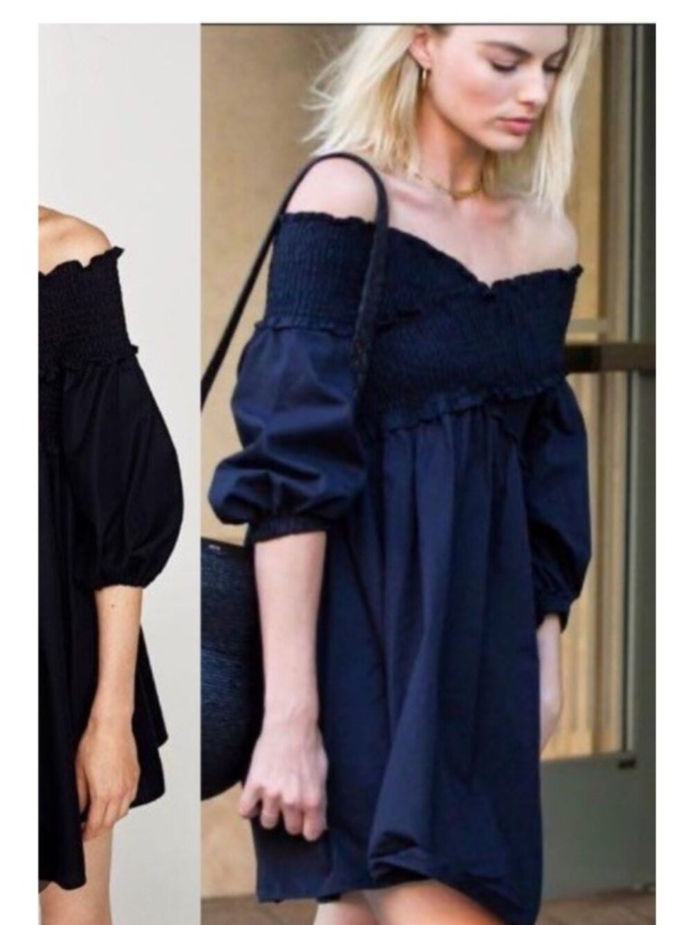 ZARA Women's Off Shoulder Dress Solid Black Size M Smocked Shift Criss Cross.  O
